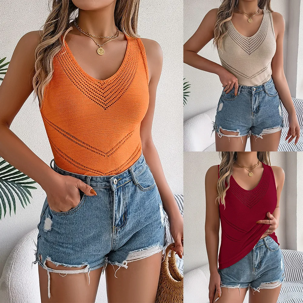 

Spring and Summer New Solid Color and V-neck Sports Style Short Inner Sexy Spaghetti Straps Knitted Women's Vest Hollow out