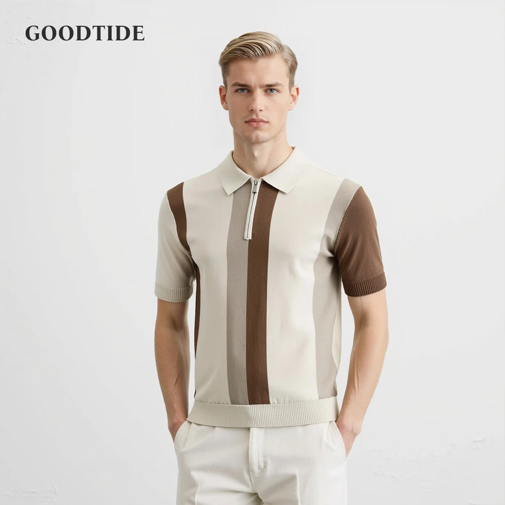 Summer Fashion Men's American Striped Half Zip Polo Shirt Retro Lapel Business Office Casual Short Sleeve T-shirt Top Polo Shirt