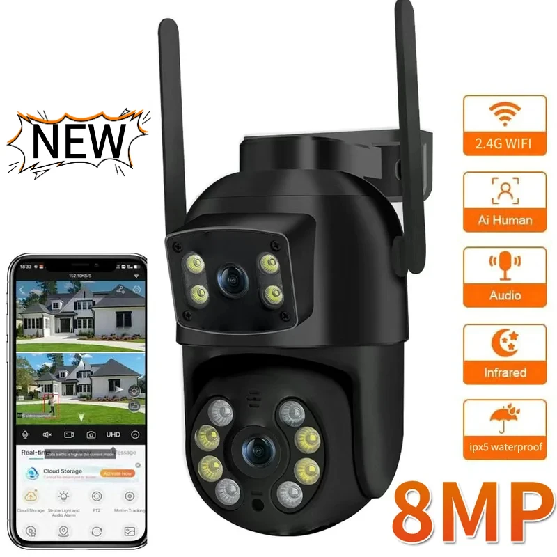 

Новая Wi-Fi PTZ-камера 2026 года, 8 МП, 4K, с двумя объективами, двумя экранами, ИИ-обнаружением человека, беспроводная уличная IP-камера видеонаблюдения