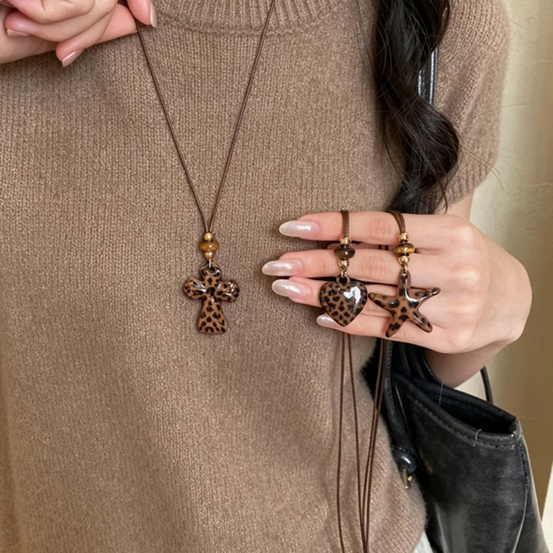 Leopard Print Cross Heart Shape Pendant Necklace Women Goth Natural Stone Beads Cord Chain Personality Body Jewelry Necklace