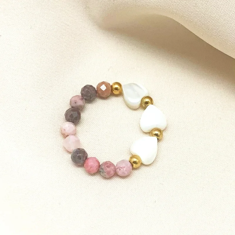 Classic Shell Heart Ring Set Rhodochrosite Natural Stone Stainless Steel Beads Rings For Women Birthday Wedding Girls Wholesale