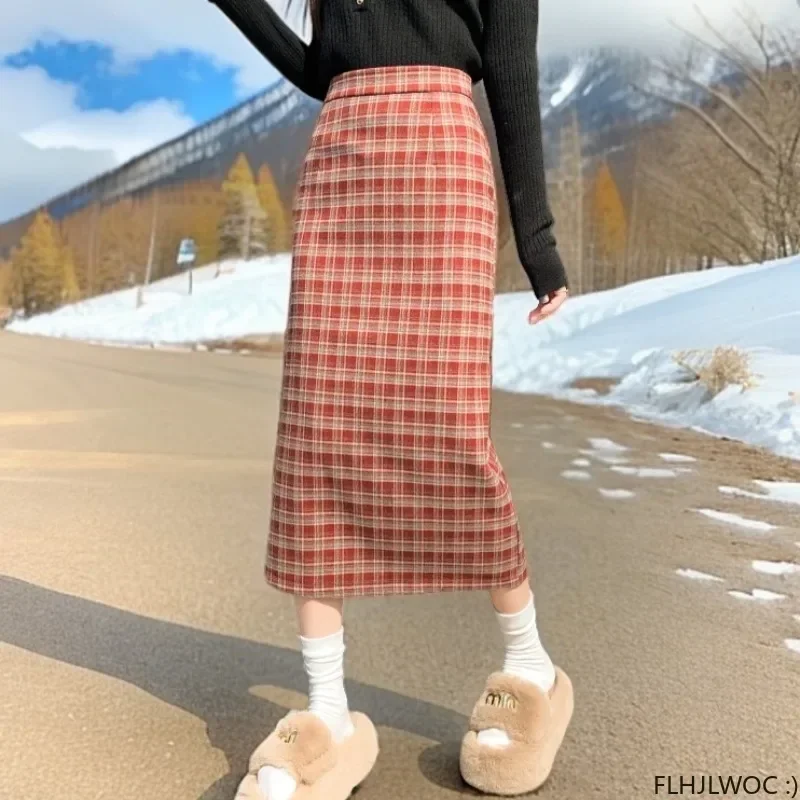 Autumn Winter Split Slit Skirt Date Girls 2024 Preppy Style Japan Chic Korea Women Retro Vintage Long Red Plaid Skirts