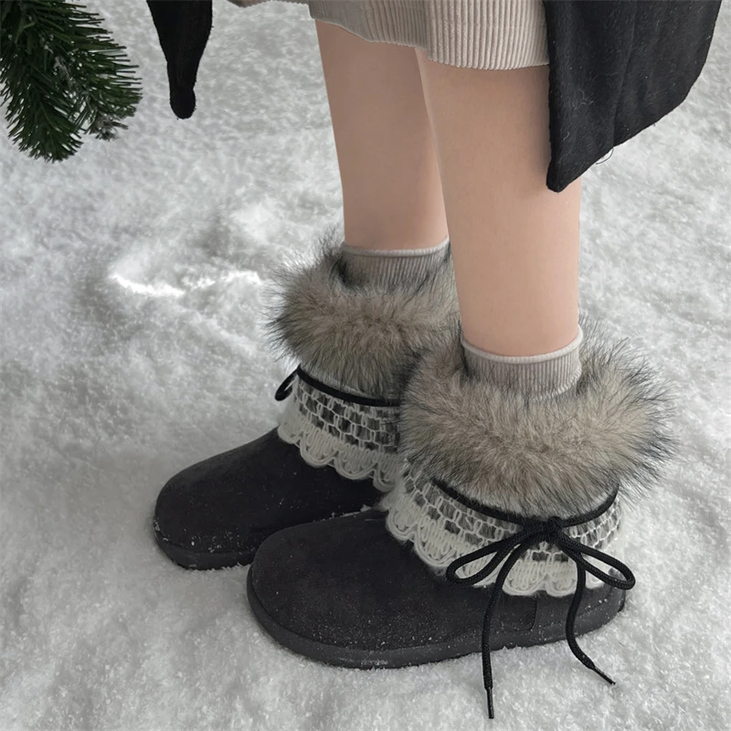 Lovely Thick Sole Fluffy Fur Snow Boots Women Winter 2026 Cute Bowknot Knitting Ankle Boots Women Furry Y2K Kawaii Cotton Shoes