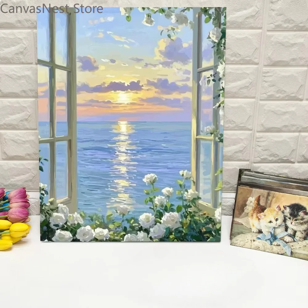 Window White Rose Sunset Sea Canvas Wall Art Set, Ocean Glow Floral View Landscape Print for Teen Bedroom Dorm Home Decor