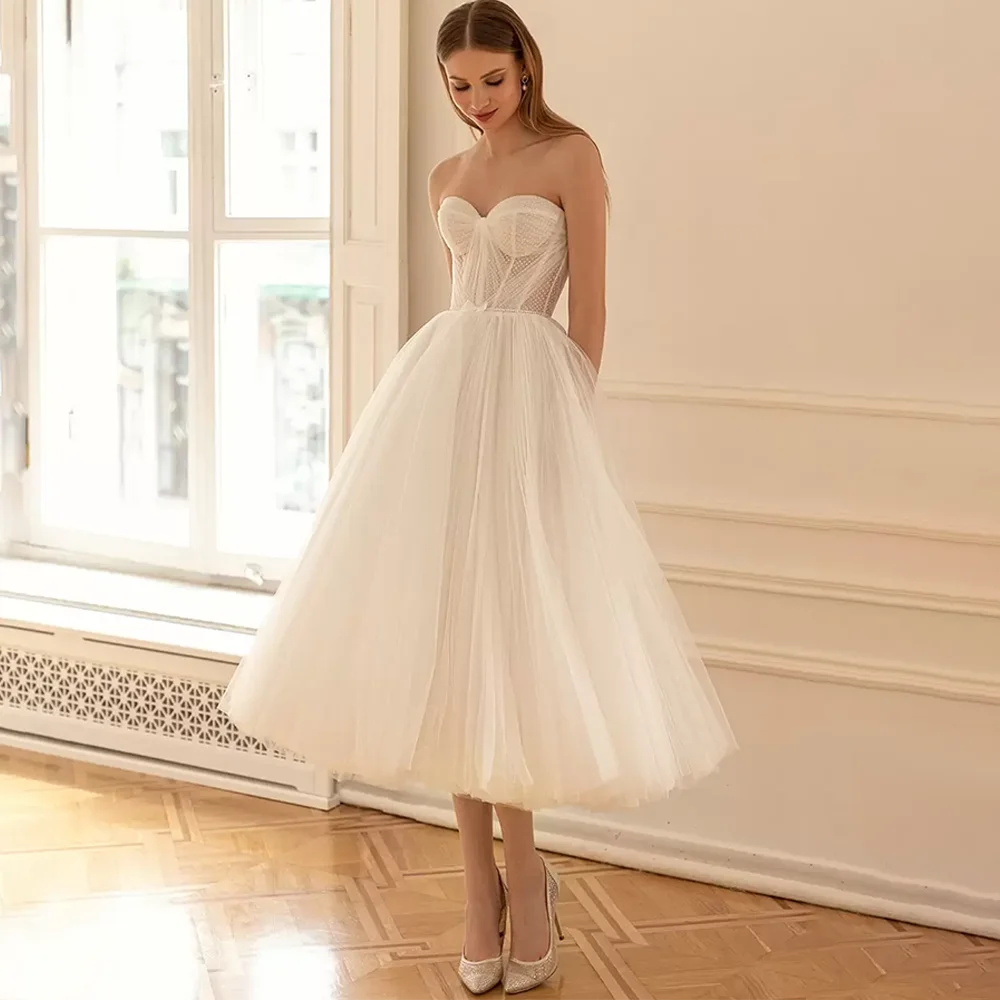 Customized Sweetheart Short Wedding Dresses Sleeveless Mid-Calf Tulle Simple A-Line Bride Gowns Backless Zipper Vestido De Novia