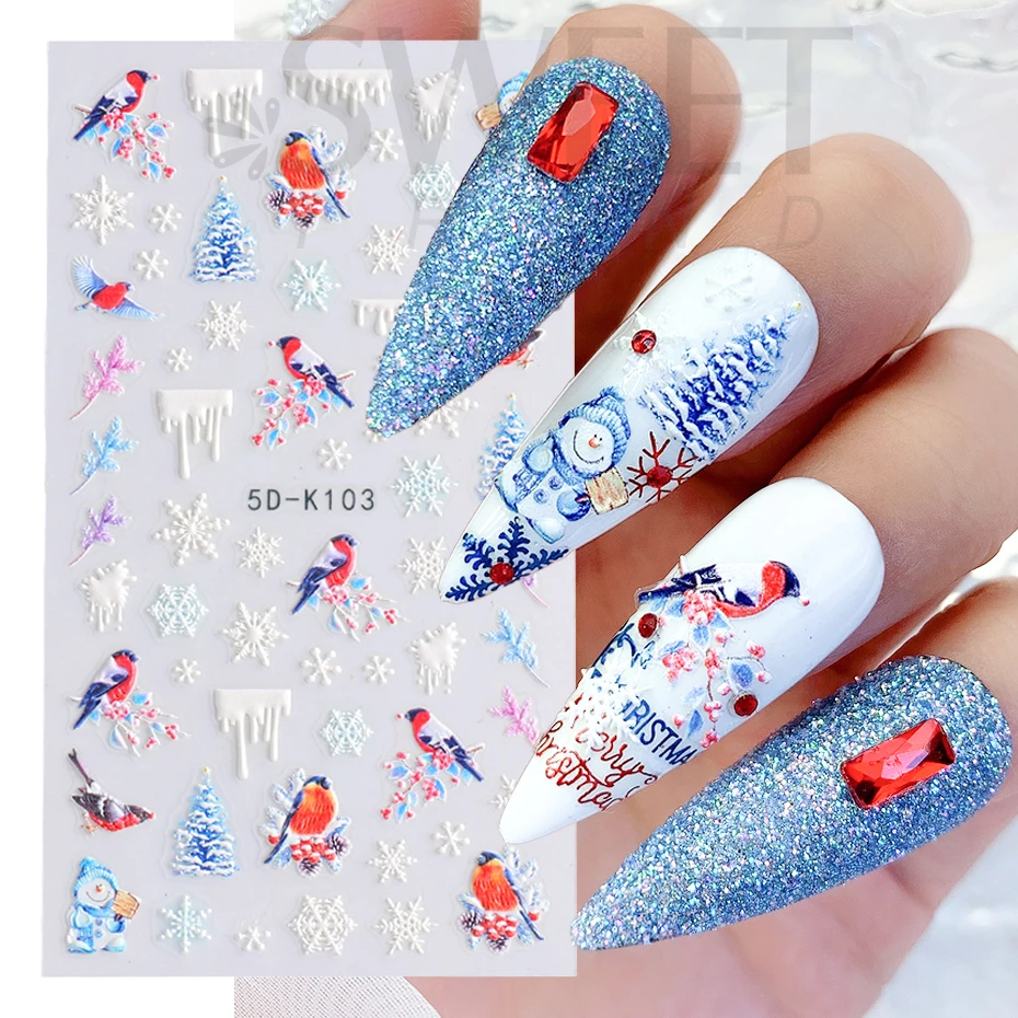 5D Embossed Christmas Nail Sticker Cartoon Gingerbread Santa Holly Snowflake Elk Bird Xmas Winter Slider Nail Decorations BE5D-K