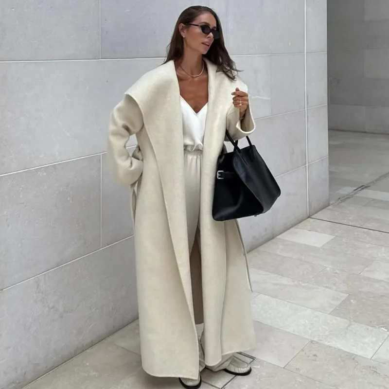 

Tuularose Winter Lapel Wool Coat 2025 Fashion Loose Long Lacing Wool Jackets Women Warm Casual Office Lady Tweed Outwear Outfits