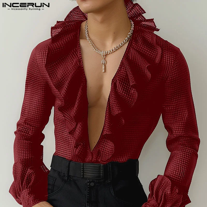 

Party Clubwear Style Tops INCERUN Men's Texture Ruffled Edge Design Shirts Sexy Male Solid Comfortable Long Sleeved Blouse S-5XL