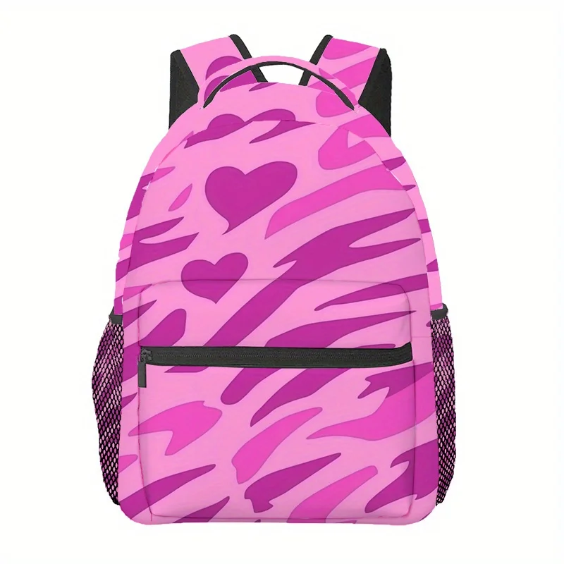 ハートプリント付きピンクアニマルプリントバックパック-ユニセックスアウトドアスポーツバッグ、ハイキング、キャンプカジュアルウェア、調節可能