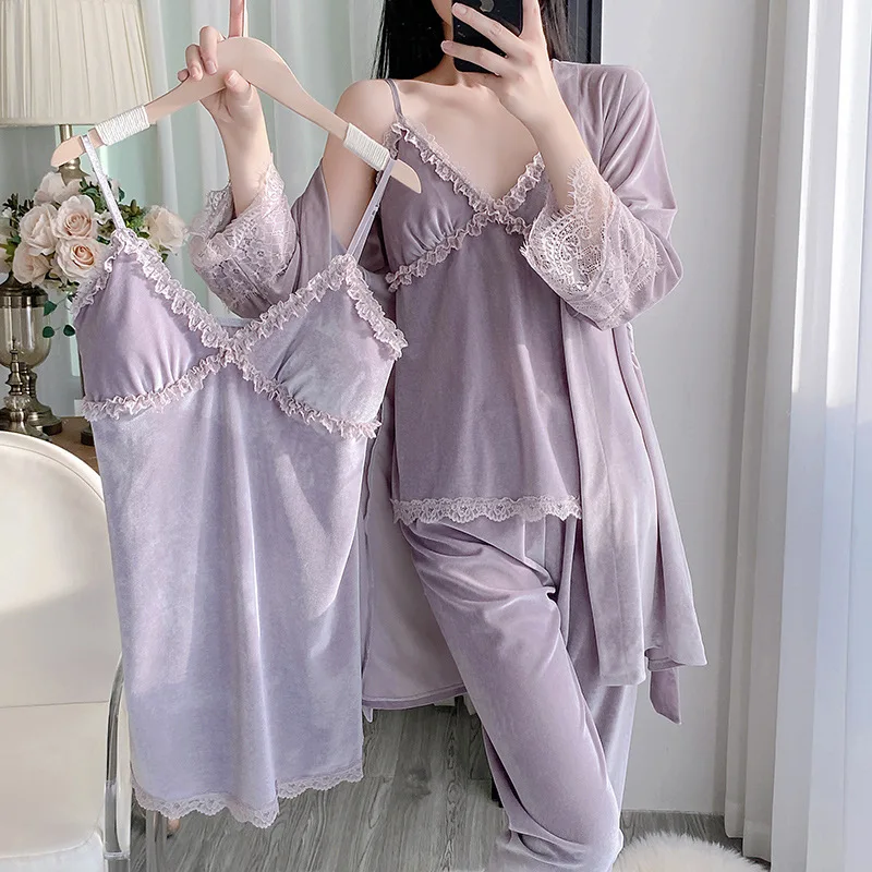 

Осень-зима бархатный пижамный комплект из 4 предметов женская одежда для сна сексуальный кружевной банный халат пижамный костюм свободный повседневный велюровый домашний костюм