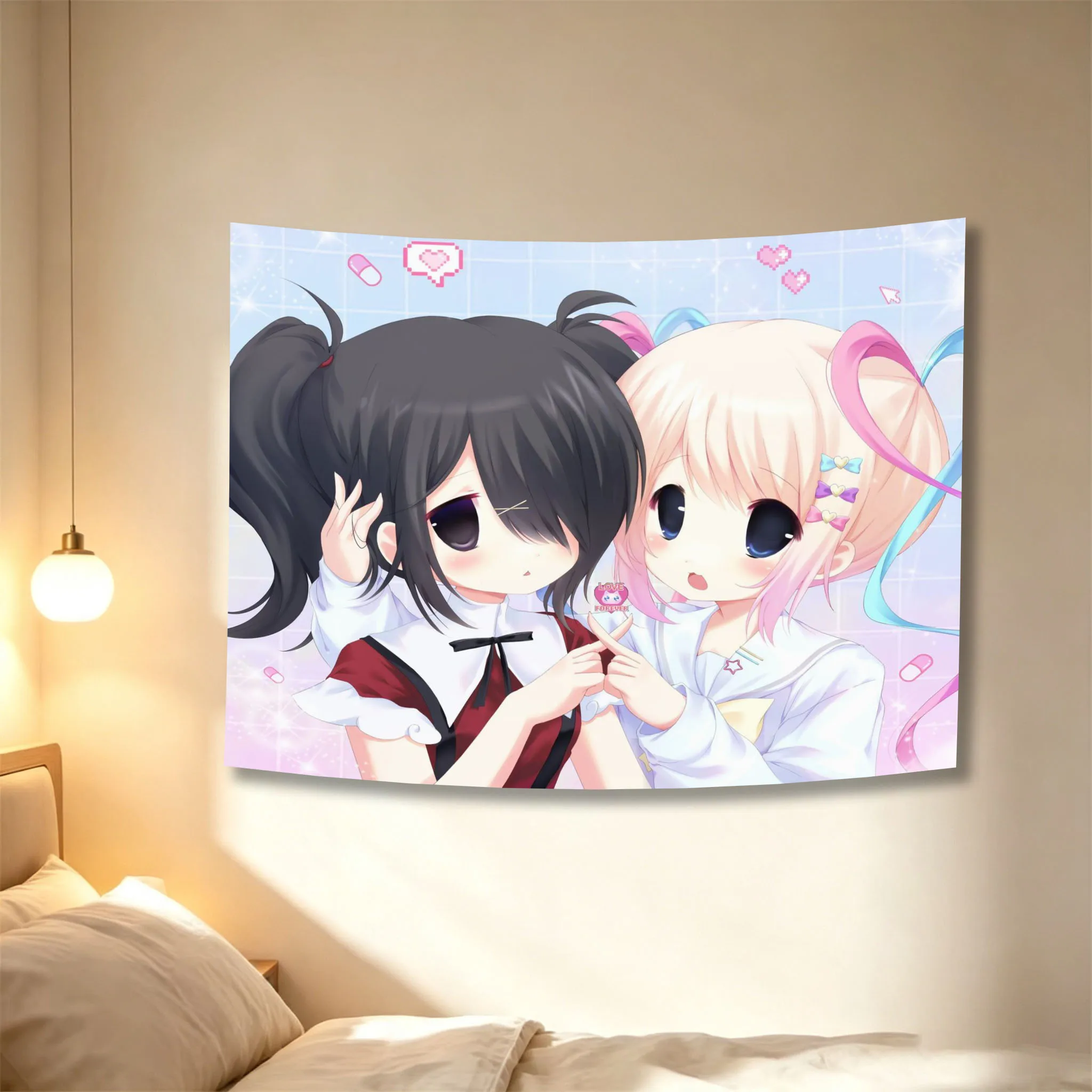 Needy Girl Tapestry Kangel & Pchan Anime Girl Group Tapestry Kawaii Moe Style for Fans Aesthetic Wall Hanging Decor For Bedroom