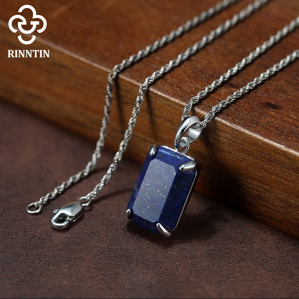 

Rinntin for Men Solid 925 Sterling Silver Geometric Square Lapis Lazuli Pendant Necklace 50-60cm Casual Punk Gift Jewelry SNMN15