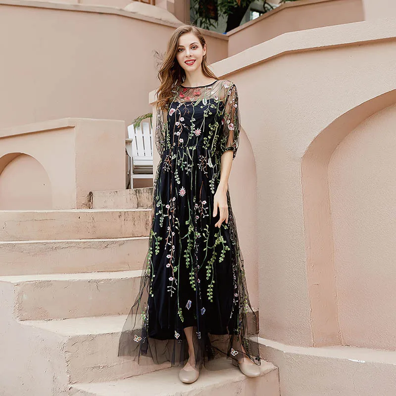 

French plus size dress dress women's mesh embroidery banquet dress high-end temperament elegant classic women's clothing dance