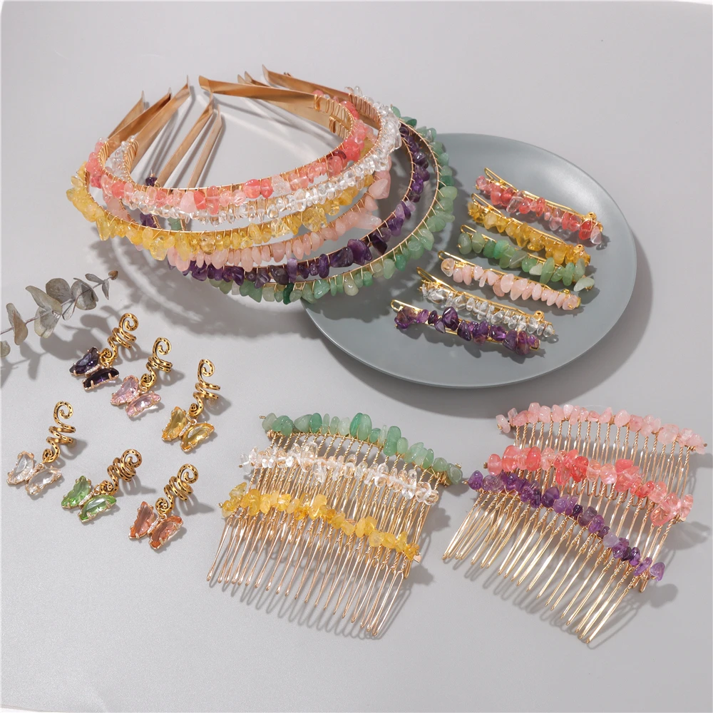 Wholesale Natural Stone Chip Hair Hoop Hairpins Headwear Hair Combs Irregular Amethysts Crystal Hair Accessories Women Jewelry