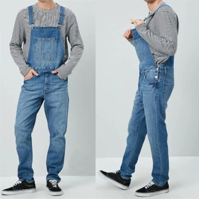 Overalls Ankle Length Jumpsuits One Piece Solid Men Denim Washed Spliced Rompers Straight Jeans Pockets Casual Mid Waist