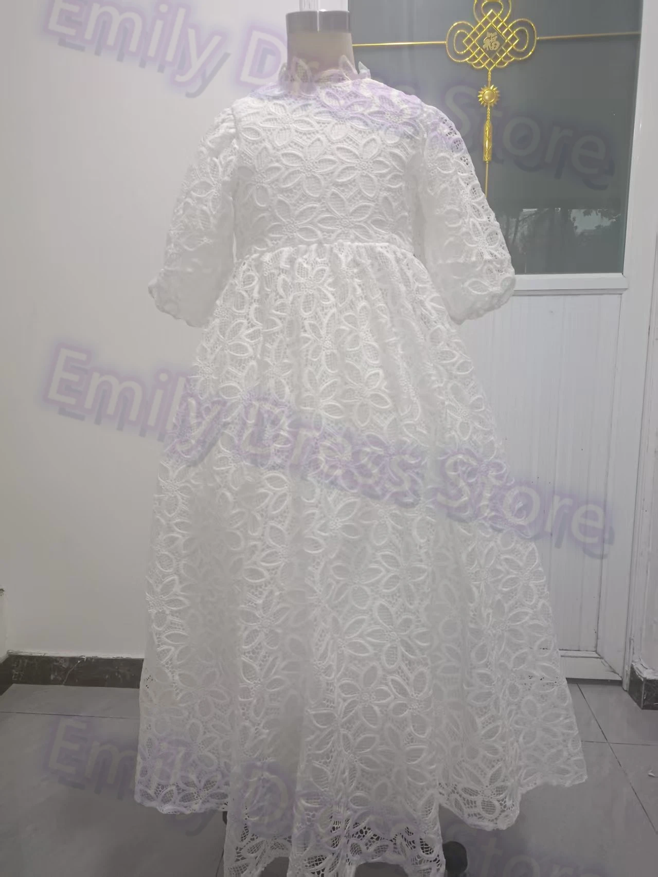 

Customized White Flower Girl Dress For Wedding Luxury High Neck Milk Lace Tulle Elegant Kids Birthday Party Infant Ball Gown