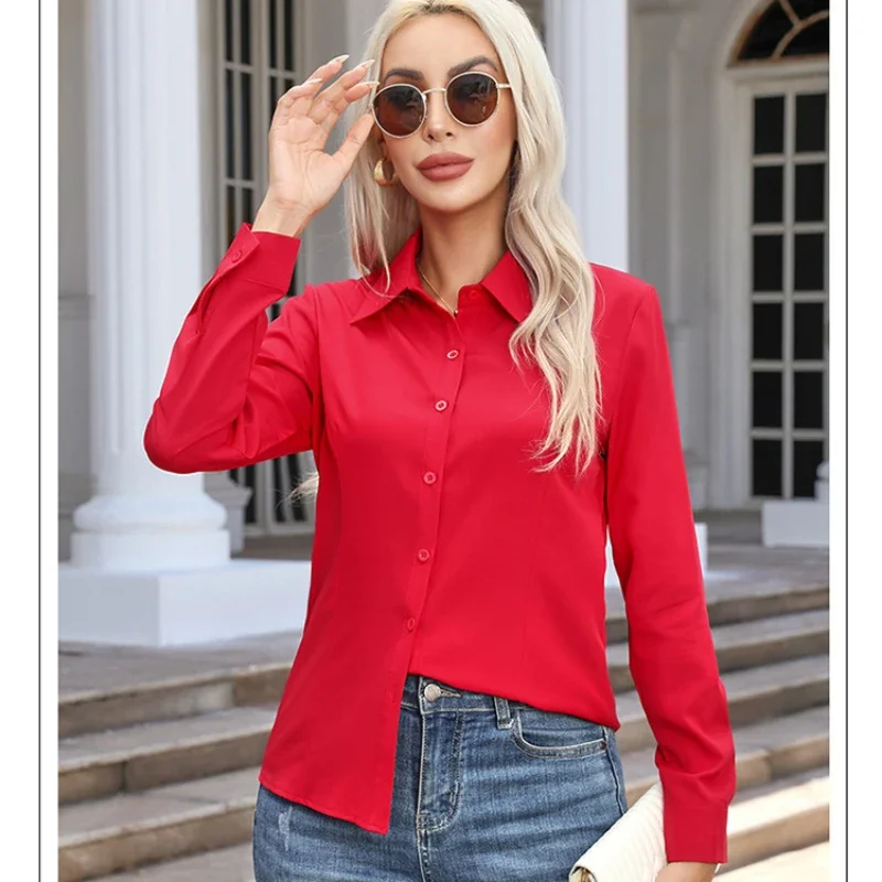 Plus Size Red Shirt Women Fashion Business Shirts Office Lady Long Sleeve Blouse Slim Women Clothing Button Up Shirt Ladies Tops