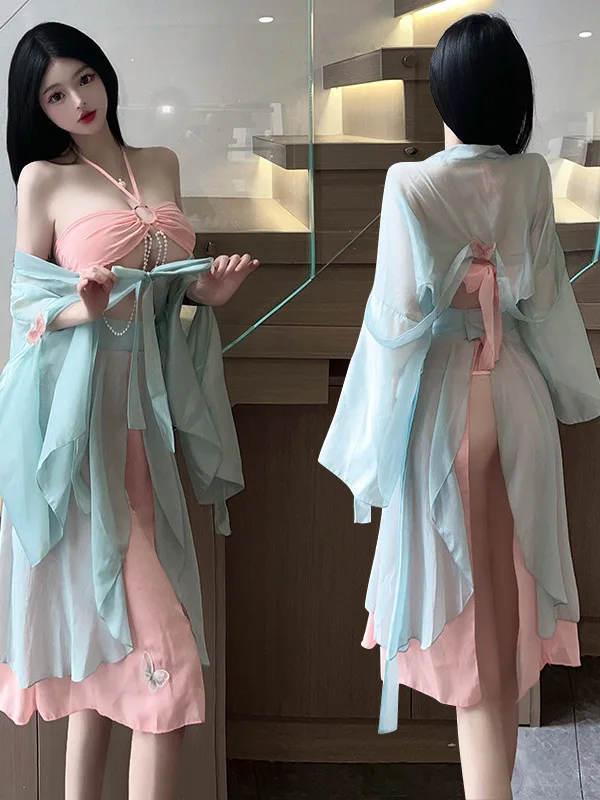 Retro Dress Chinese Robe Sheer Transparent Women's Sexy Ancient Style Hanfu Cheongsam Uniform Dress Elegant Sexy Women Tops F8PB