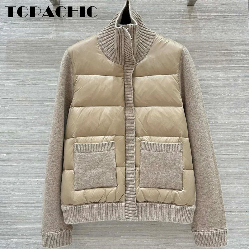 8.26 TOPACHIC-Women Clothes Fashion Double POcket Knit Spliced Long Sleeve Jacket Quilted Goose Down Lapel Zipper Outerwear