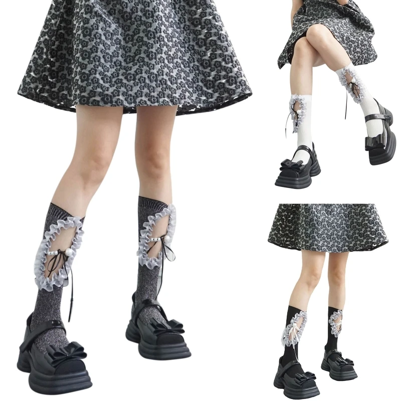 Women Gothic Hollow Out Calf Socks Ruffled Lace Patchwork Pearl Beaded Ribbon Bowknot Stockings