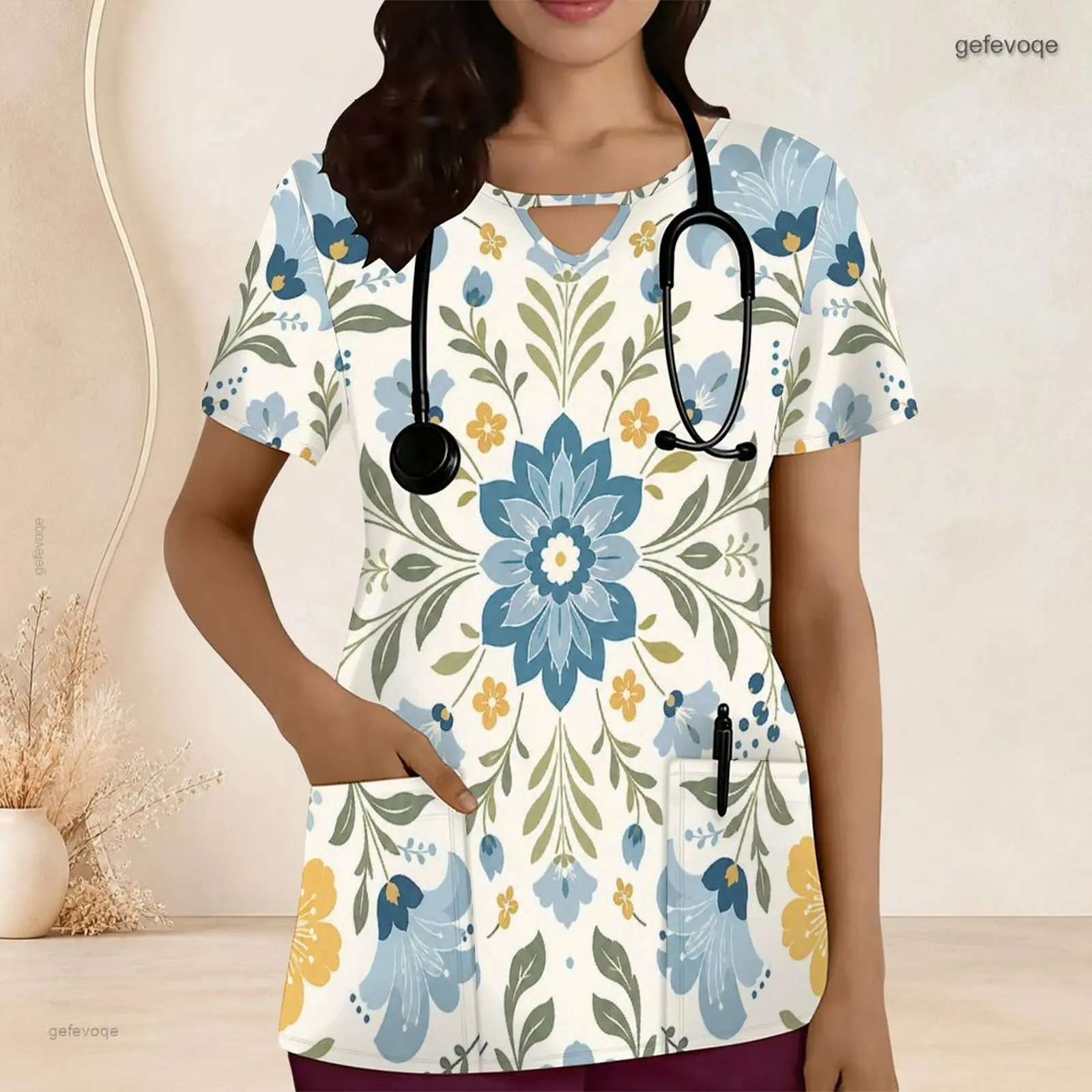 Women Scrub Top with Print Keyhole Neck Short Sleeve Front Pockets