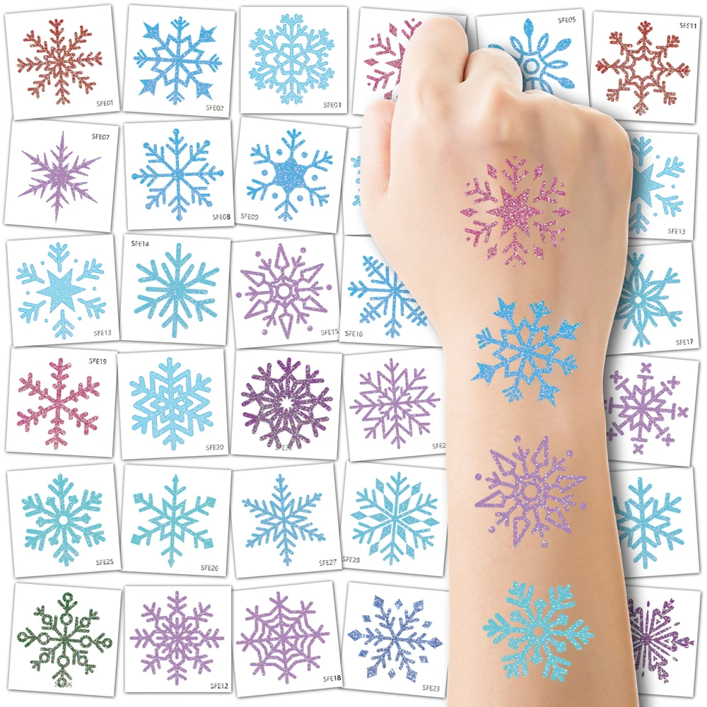 30pcs Christmas Temporary Tattoos for Women Men Glitter Snowflake Fake Tattoo For Hand Face Body Christmas Party Tattoo Stickers