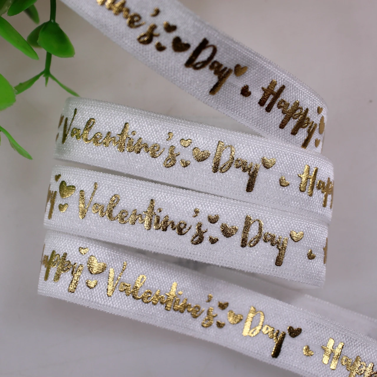 

5/8" 15mm Gold Foil Happy Valentine's Day Printed FOE Band Fold Over Elastic Ribbon For Knot Hair Ties DIY Sewing Accessories