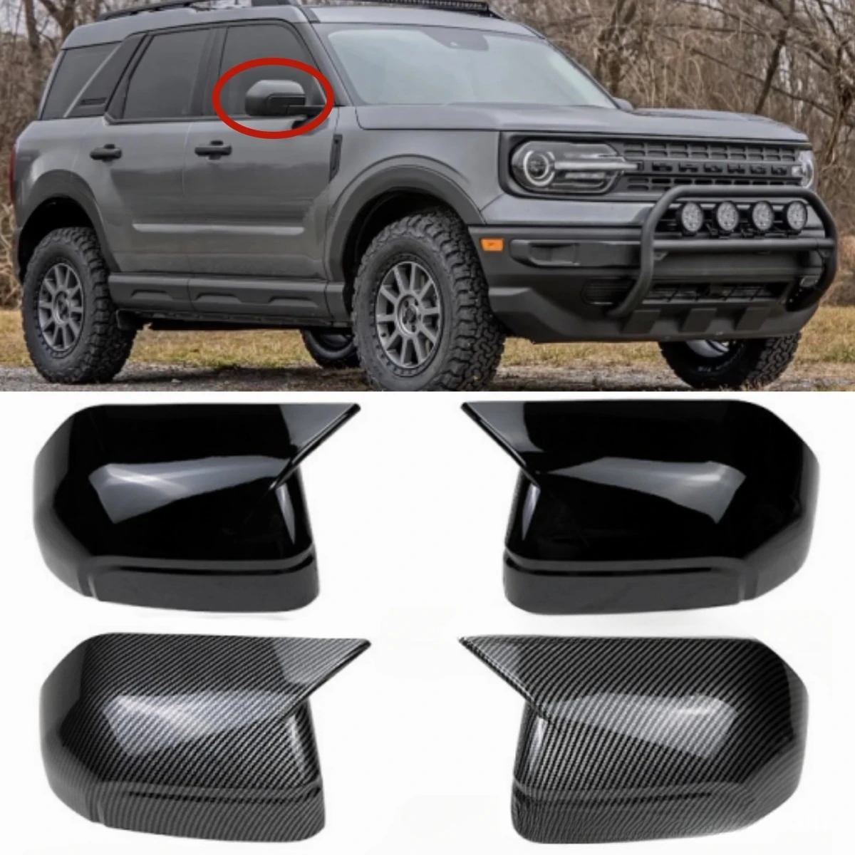 Glossy Black/Carbon Fiber Car ABS Rearview Mirror BullHorn Style Decoration Shell Cover Trim For Ford Bronco 2021-2024