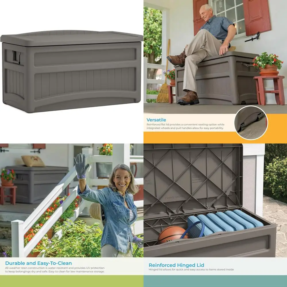 صندوق تخزين على سطح السفينة من الراتنج سعة 73 جالونًا مع عجلات ومقابض ومقعد - حل تخزين خارجي عالي التحمل للطوابق والساحات #1