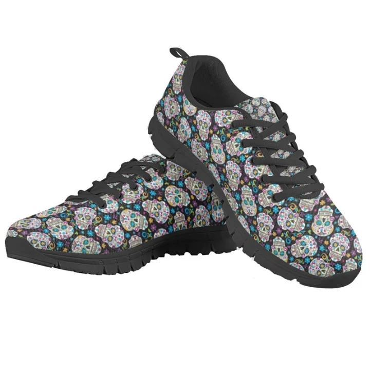 Cool Skull Floral Pattern Woman Flats Shoes Spring/Autumn Lace Up Sneaker Female Casual Footwear Non-slip Large Size Trainers