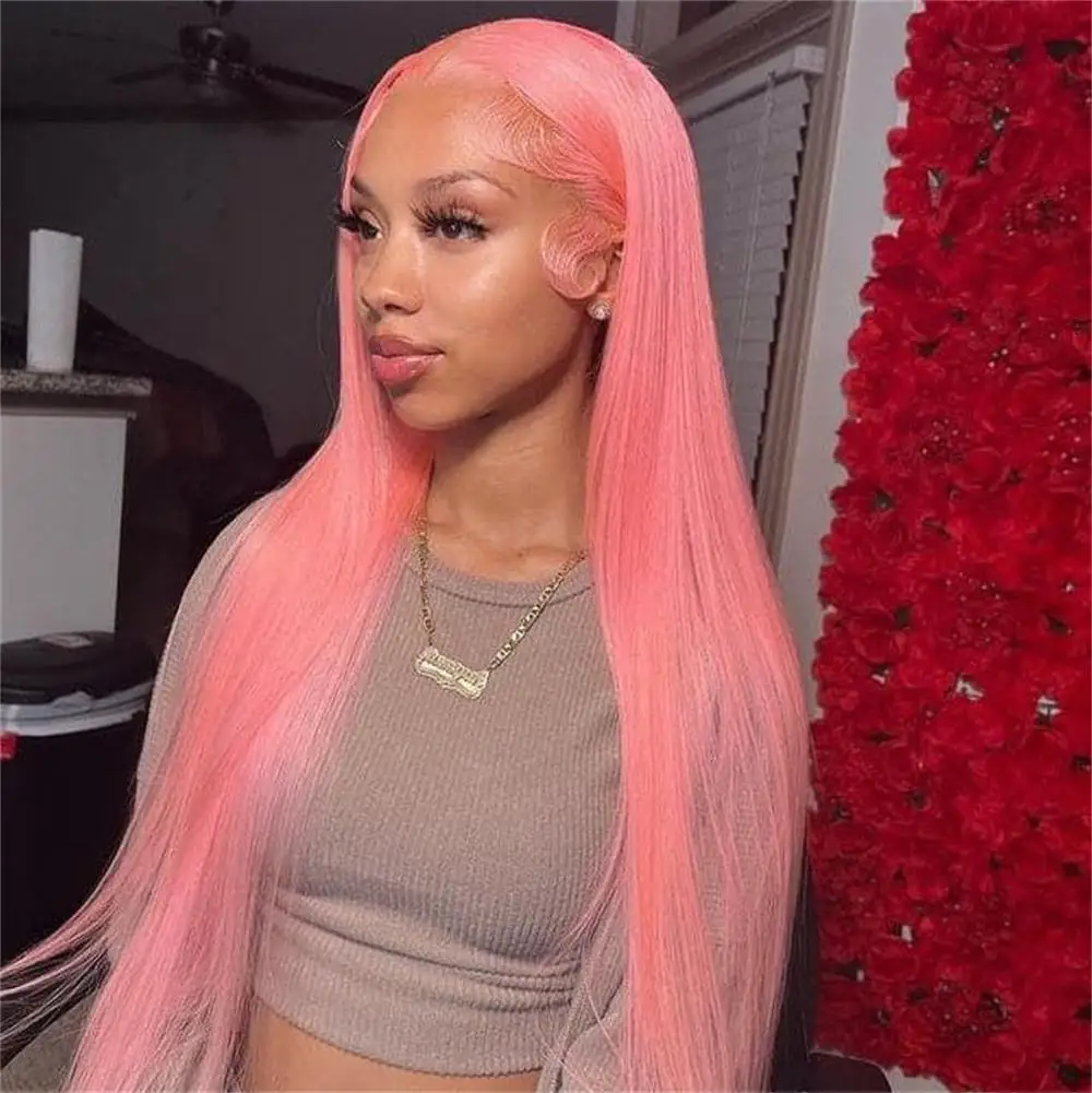 FANXITION Light Pink Lace Front Wigs for Women Long Silky Straight Synthetic Hair Wig Pink Lace Frontal Wig Heat Fiber Cosplay