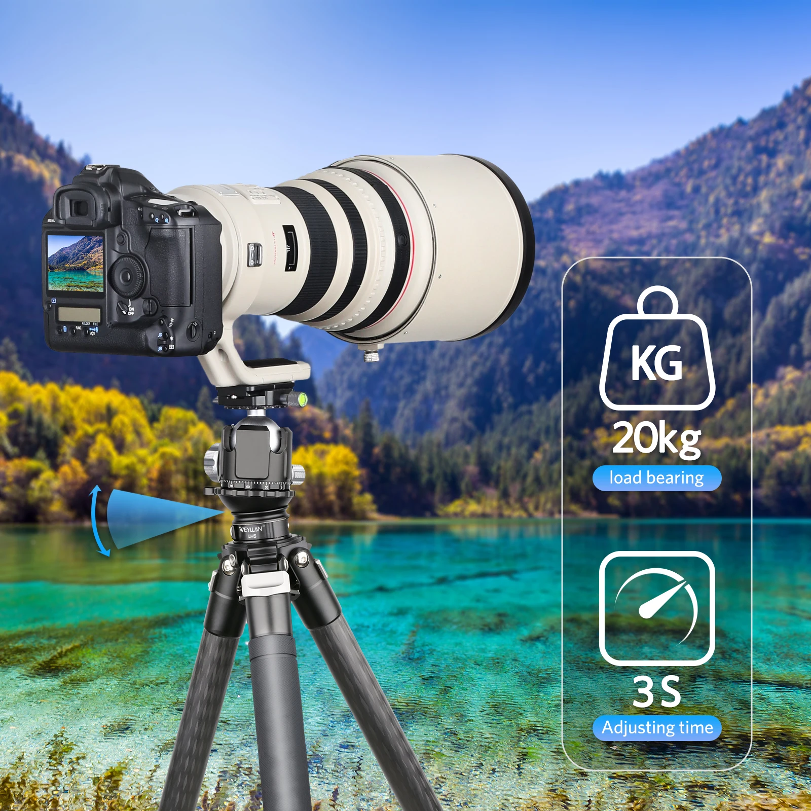 LH5 برأس ثلاثي القوائم من Weyllan ، قاعدة تسوية ، لوحة ضبط سريعة 3s ، تعديل أفقي لكانون ، نيكون ، كاميرا سوني DSLR