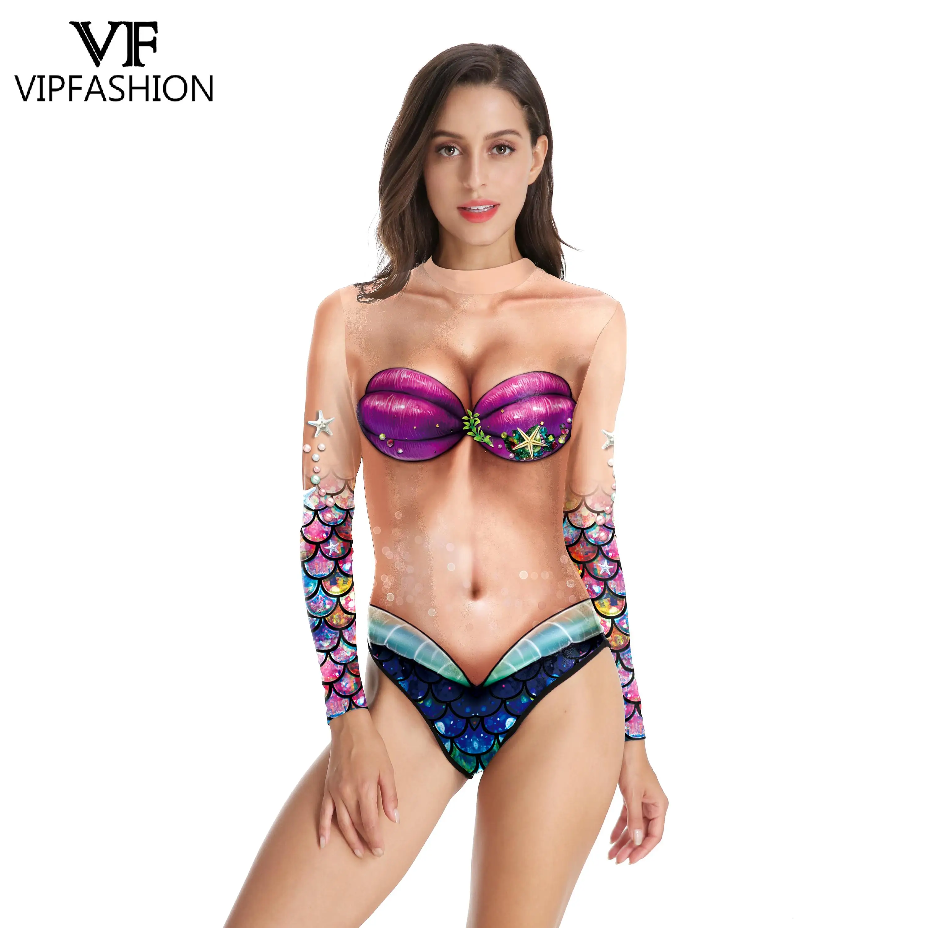 VIP FASHION Womens Mermaid Costumes Fish Scales Shell Bodysuit 3D Print Sexy Swimsuit Long Sleeve Cosplay Outfit Swimwear