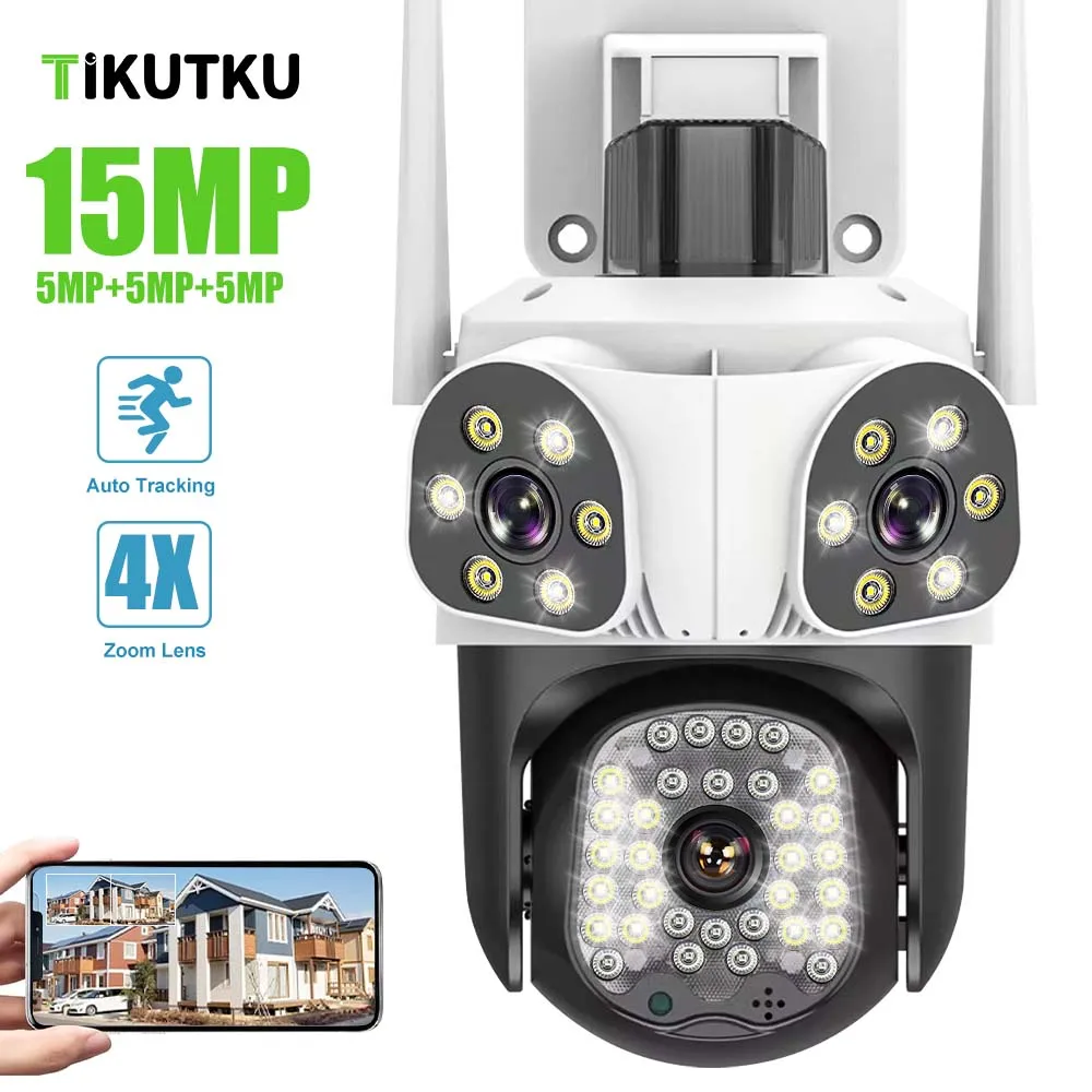 8K 15MP Security Camera Three Lens 4X Zoom Auto Tracking WiFi Wireless Outdoor IP Cam Home Protection CCTV Video Surveillance