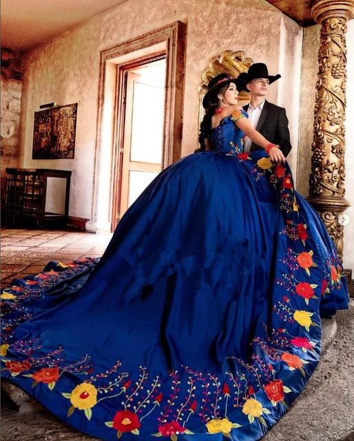 Royal Blue Mexican Charro Quinceanera Dress 2024 Off Shoulder Embroidery Floral vestido de 15 quinceaneras Sweet 16 Gown AliExpress 320