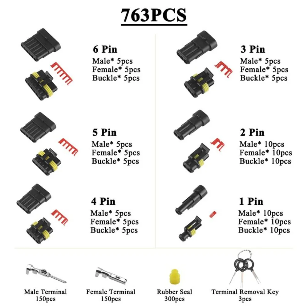 763pcs Waterproof Connectors Kit Automotive Wire Quick Connector Electrical In Car Wiring Seal Socket 1 2 3 4 5 6 Pin Plug Kit