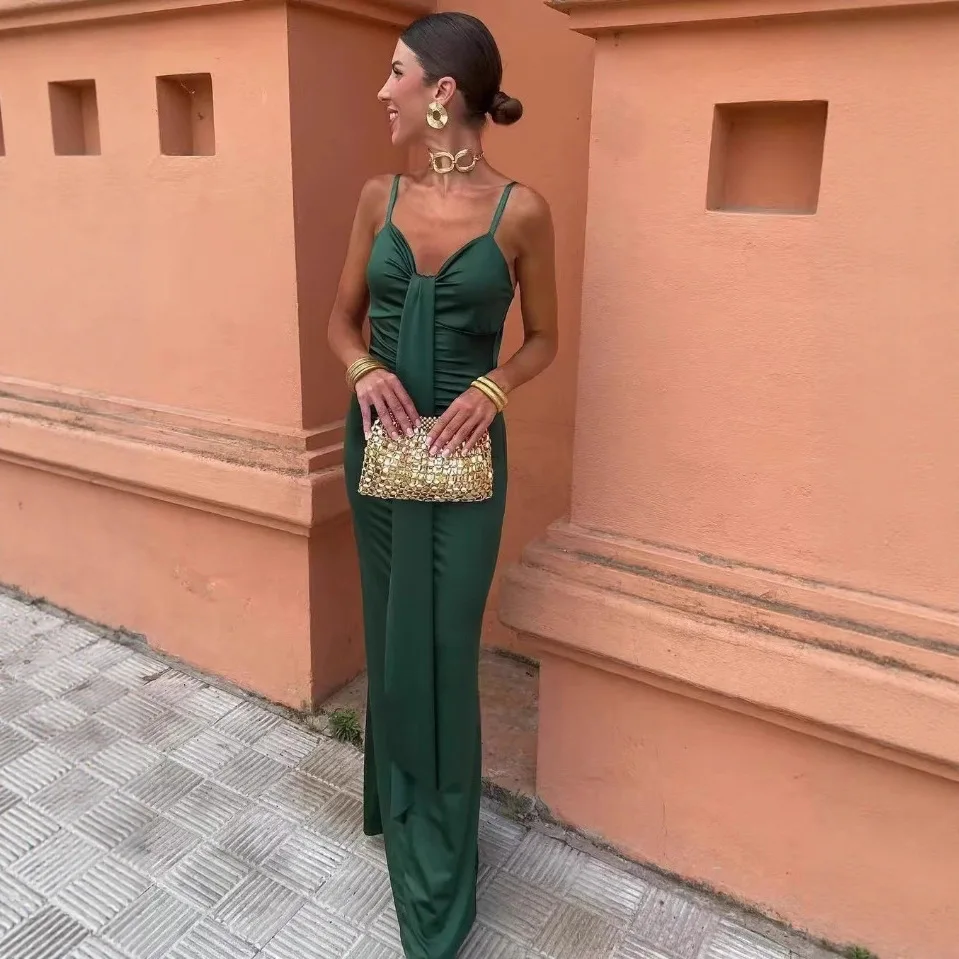 Damen-Satinkleid mit V-Ausschnitt, plissiert, ärmellos, dunkelgrünes Maxikleid aus Satin mit Trägern, figurbetontes Kleid mit Raffungsdetail für Abendveranstaltungen 0QFW