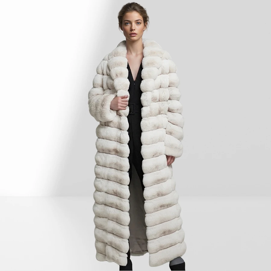 天然ウサギの毛皮のコートラペル付き女性の冬のロングファーコートリアルファーコートファッション高品質本革ジャケット