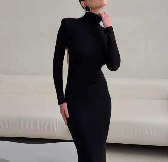 

Women Dresses 2026 Spring Autumn New Solid Color Elegant Sexy Backless Slim Fit Long Sleeved High Neck Temperament Long Dress