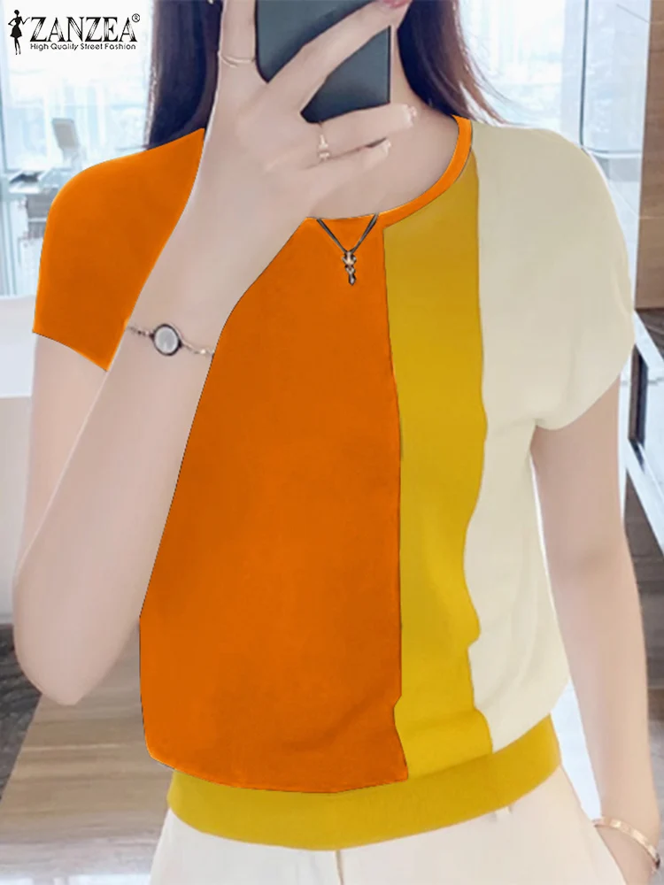 2024 ZANZEA Women Causal Short Sleeve Tops Colorblock Knitted Office Commuting Blouse Round Neck Lady Well Fitting Simple Blusas