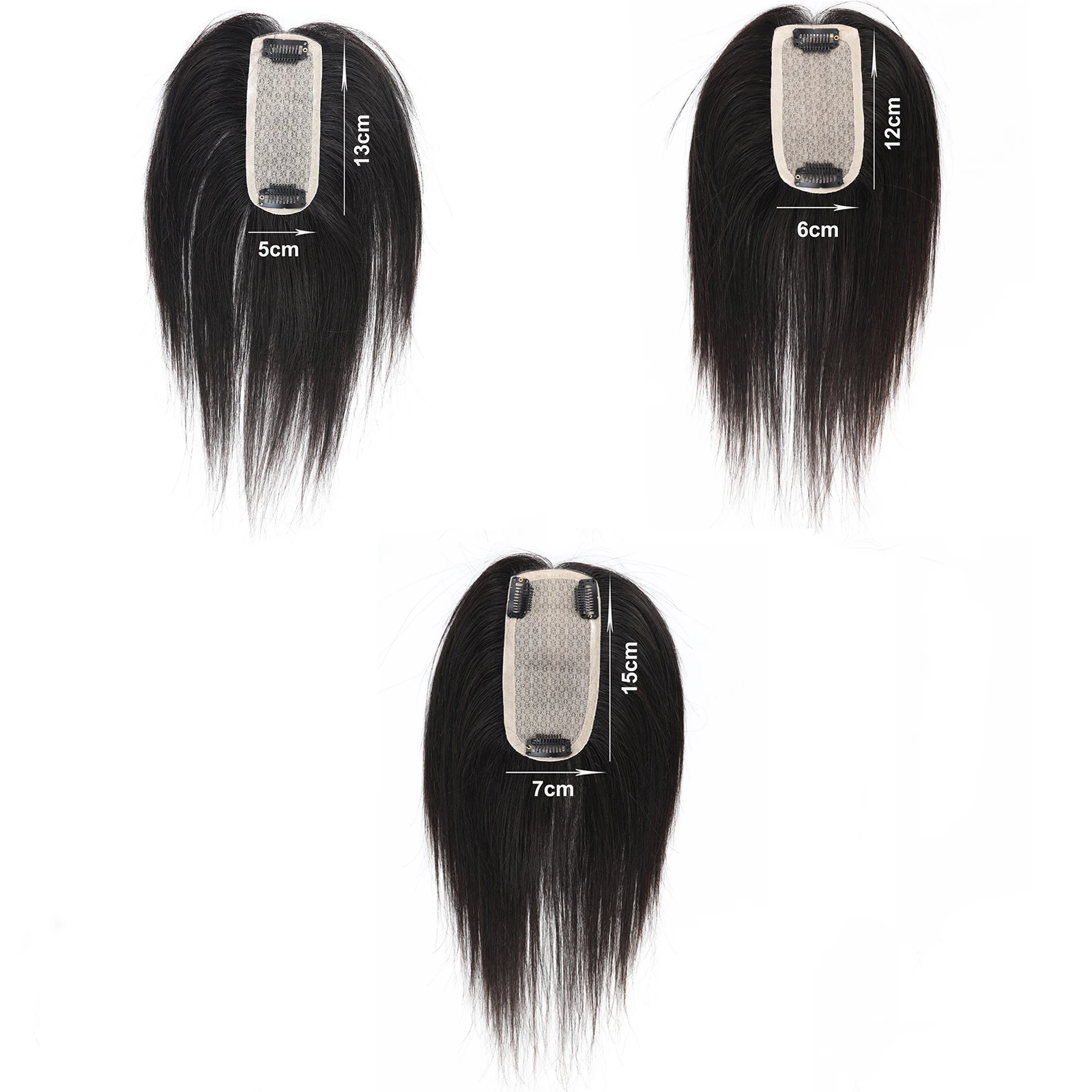 Real Remy Human Hair ปิดเต็มมือผูก Topper กับ Bangs 7x15 ซม.ผ้าไหมด้านบนพร้อมคลิปสีดําธรรมชาตินุ่ม Breathable