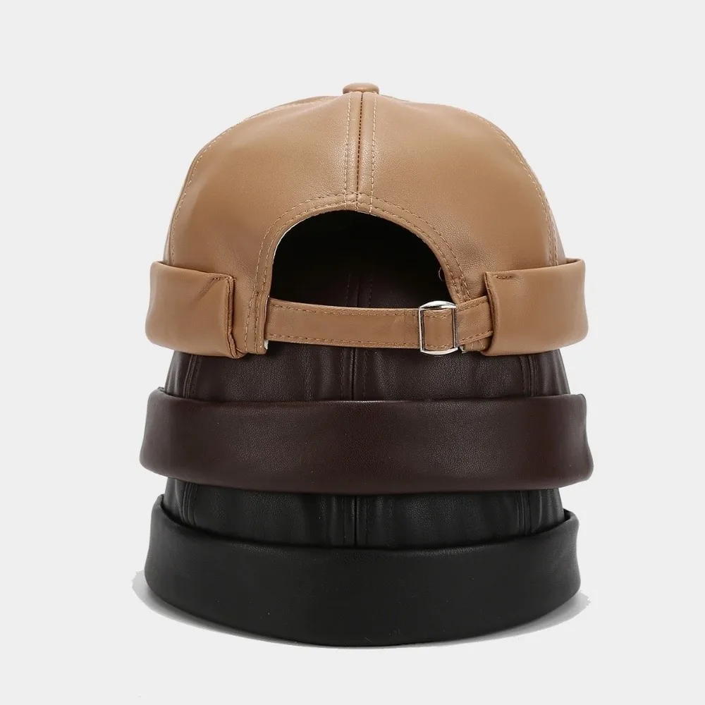 New Leather Brimless Round Landlord Hat Adjustable Solid Color Melon Skin Hat Vintage Retro Trendy Cap Daily