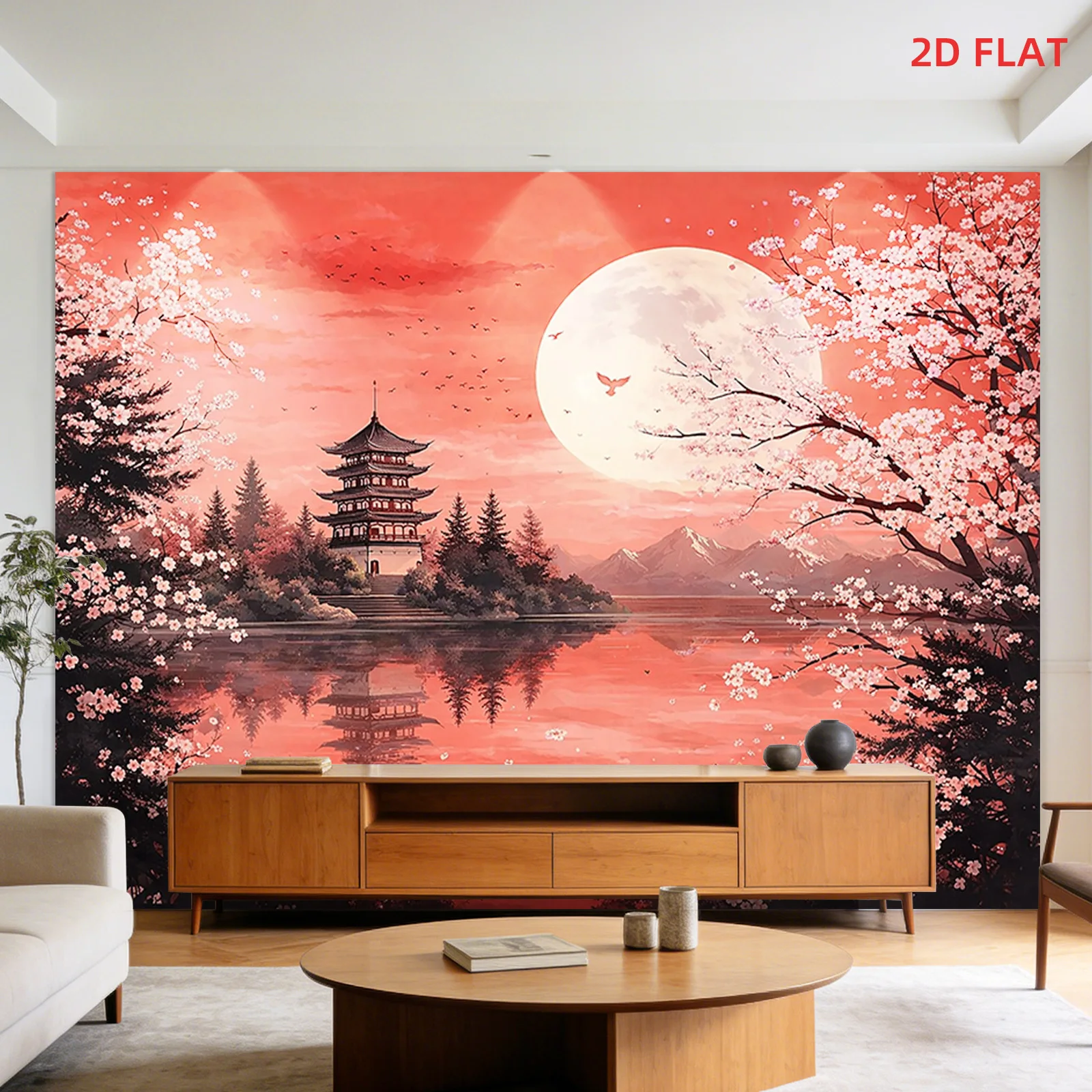 Japanese Pagoda Tapestry with Cherry Blossoms, Lake and Full Moon 180x280cm Wall Decor