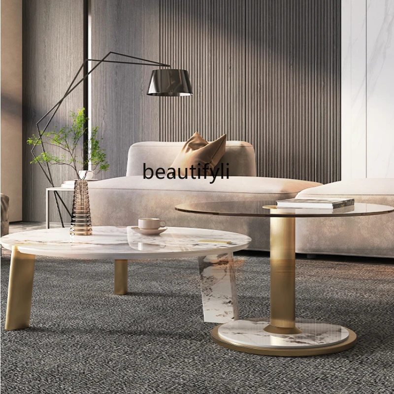 

LBX round Stone Plate Coffee Table Modern Minimalist Living Room Home Small Apartment Tempered Glass Small Coffee Table