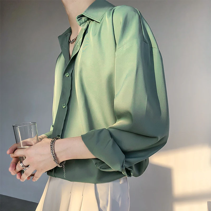 

Spring New Casual Mens Ice Silk Shirts Solid Color Soft Loose Long Sleeve Shirt Men Streetwear Fashion Button Lapel Fresh Shirt