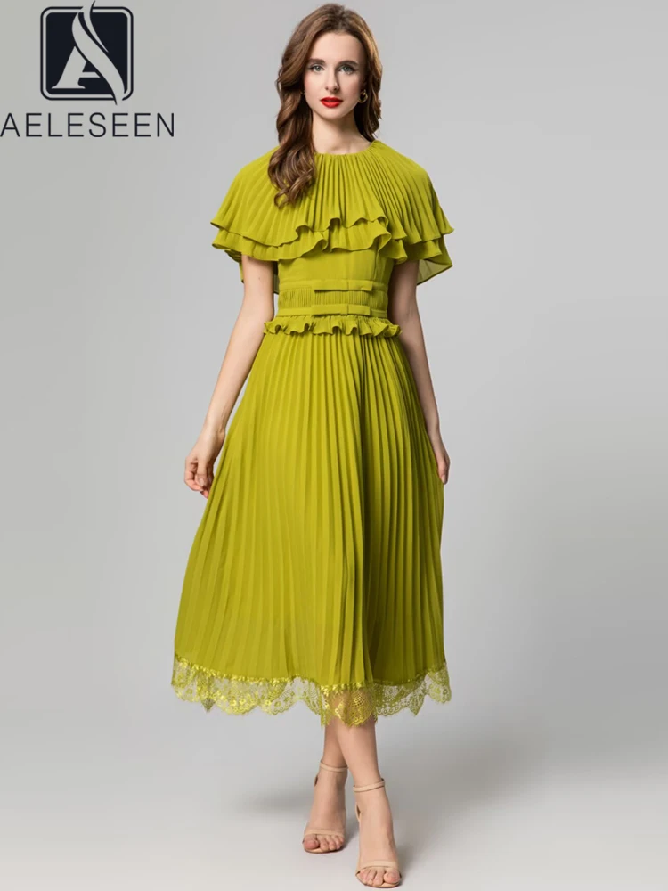

AELESEEN Women's Pleated Dress High Street O-Neck Short Sleeve Ruffle Vintage Lace Hem Solid Color Fashion Summer Female