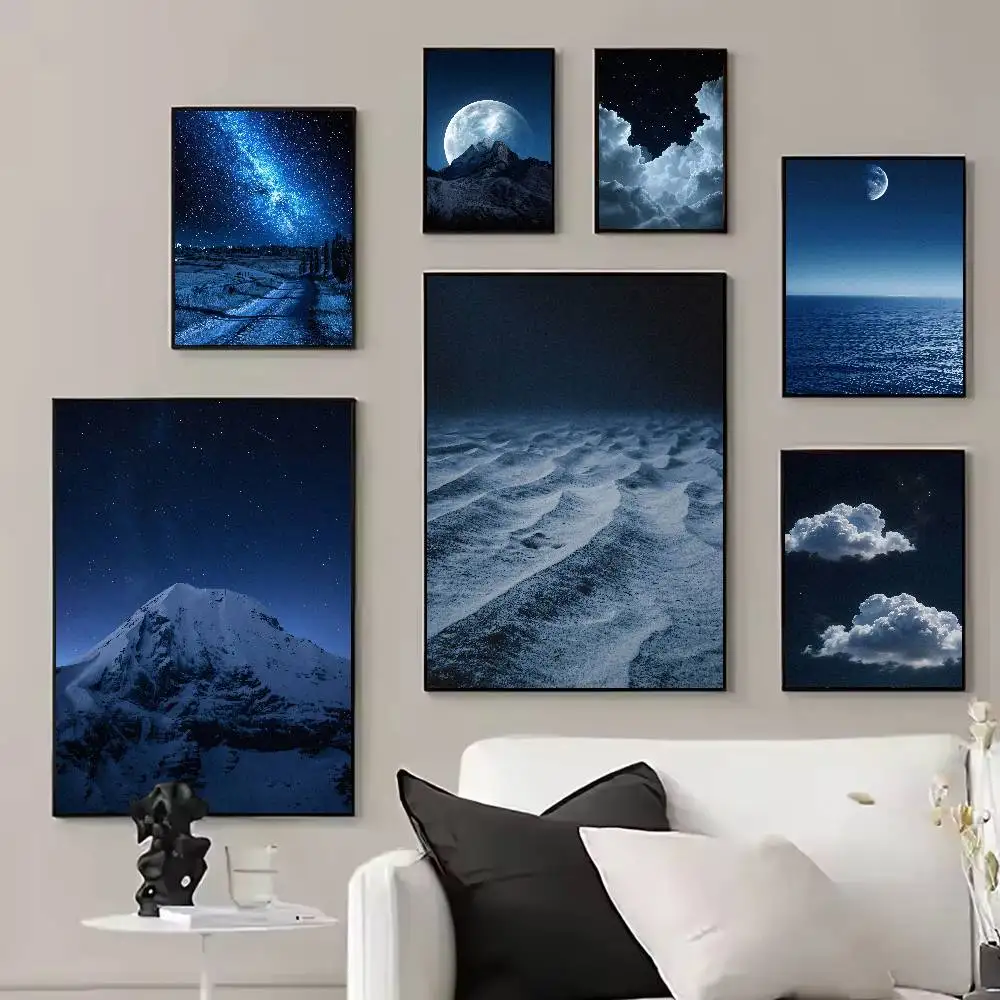 Weirdcore Dreamy Blue Midnight Ocean Poster Moon Mountain Sea Cloud Surreal Night Landscape Muted Cool Tone Dream Seascape Decor