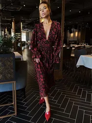 Oymimi moda fiori neri stampa abiti per le donne 2023 elegante scollo a v profondo manica lunga abiti Casual a vita alta Midi Dress