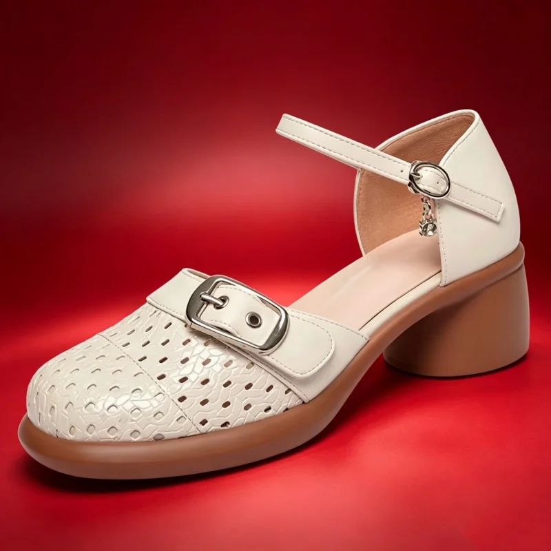 4cm Breathable Comfortable Round Head Hollow Genuine Leather Shoes Platform Sandals 2026 Block Heel Sandals for Office Daily Mom