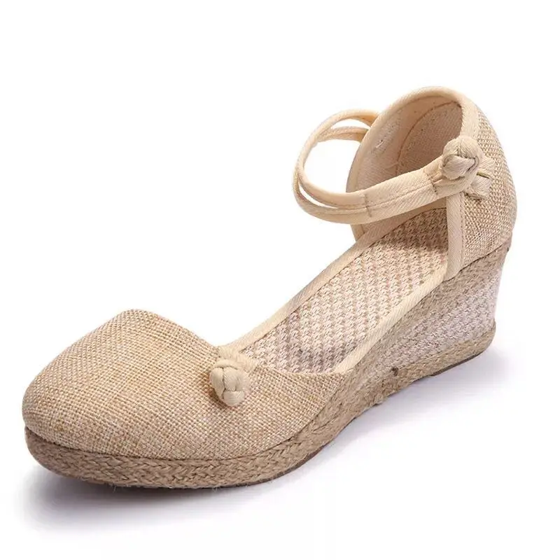 Sandalen Frauen geflochten Espa drille Knoten Knopf Knöchel riemen Keils andalen Leinen Keil Sommer 6cm Ferse Plattform Espa drilles Schuhe